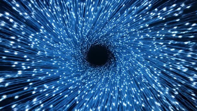 Abstract tunnel of blue light fiber optic cable with glowing particle moving toward a central black hole 4k video - Powered by Adobe