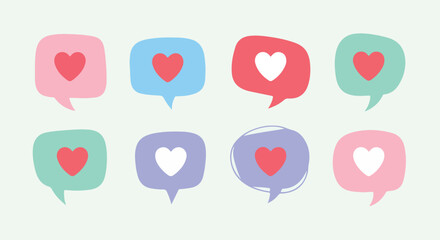 Colorful speech bubbles with heart icons with transparent background