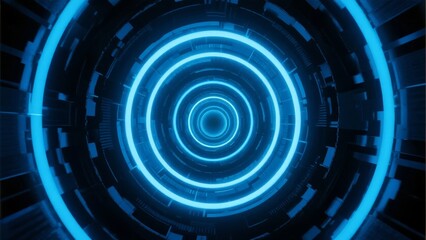 Futuristic blue neon tunnel with concentric circular lights and dark structural elements