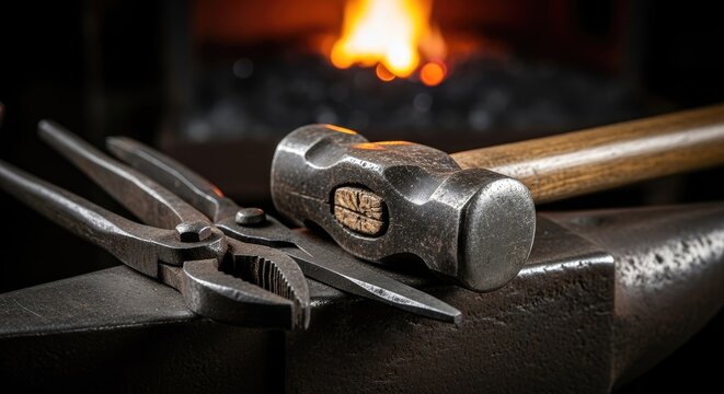 Blacksmith's Tools Hammer, Tongs, and Anvil Ready for Metalworking - Powered by Adobe