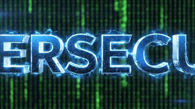 Futuristic fonts are used to render the word cybersecurity against a dark, flowing matrix background 203