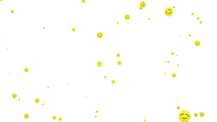 Yellow smiling emoticon animation flying on white background. Cheerful social media faces floating up for happiness, positive feedback, and digital communication reaction concept. - Powered by Adobe