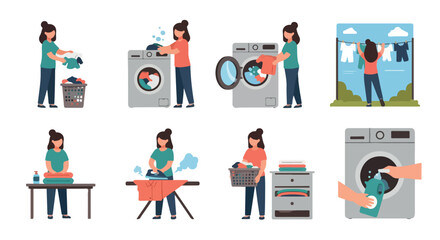 Laundry routine steps with woman doing chores