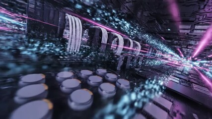 Fast moving pink and blue light beam data stream inside futuristic digital circuit board tunnel technology concept 4k video - Powered by Adobe