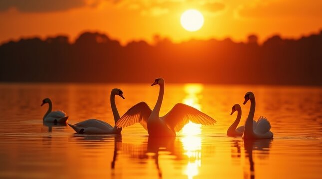 Graceful swans swimming in a lake at sunset with golden light - Powered by Adobe