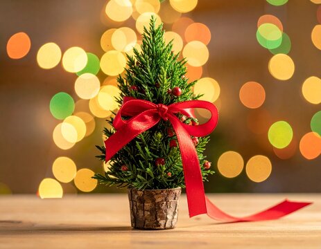 Festive Cheer: A miniature Christmas tree, adorned with a vibrant red bow, stands against a warm bokeh background. It’s an intimate celebration of the season’s magic and merriment.