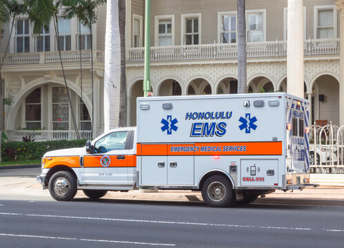 A Honolulu Emergency Services ambulance in Waikiki, Oahu, Hawaii as viewed February 27, 2024