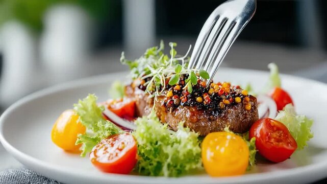 Gourmet Cuisine: A culinary masterpiece unfolds, showcasing a meticulously plated dish with succulent meat and vibrant vegetables, a true testament to the art of fine dining. 