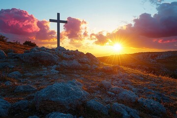 A dramatic wide shot of a simple cross standing alone on a rustic mountain