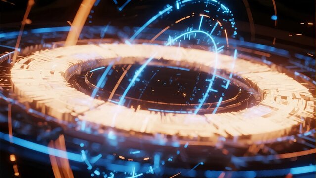Futuristic circular interface with glowing blue and orange rings, digital data streams, and high-tech design elements