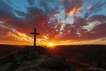 A dramatic wide-angle landscape shot of a wooden cross standing on the mountain