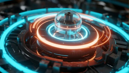 Futuristic technological device with glowing circular rings and central transparent sphere