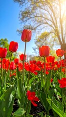 Vibrant red tulips in a spring garden under a clear blue sky