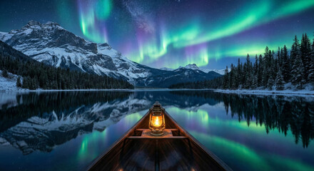 A Kerosene Lantern Guides the Way Across a Still Lake Under the Spectacular, Vibrant Aurora Borealis Sky