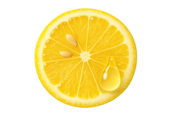 Fresh lemon slice with a vibrant yellow hue, juicy pulp, seeds, and a glistening drop of citrus oil, on a transparent background