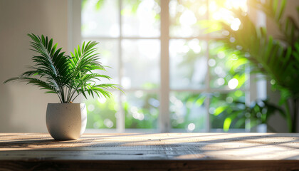 A potted green plant sits atop a wooden table near a sunlit window.