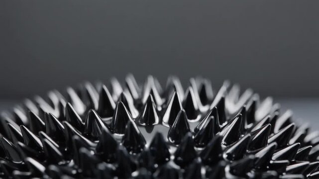 Close-up of a ferrofluid with spiky peaks, showing magnetic field lines.