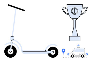 Innovation concepts. Innovation portrayed through electric scooter, trophy, and self-driving car with GPS. Innovation in technology, mobility, navigation, achievements, and smart systems