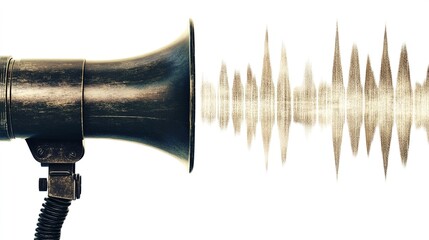 amplifier. Vintage megaphone with sound waves, symbolizing communication in a clean white setting. event programs, museum guides, designed for cultural heritage projects and event programs.