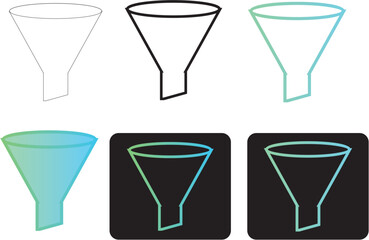Collection of modern funnel filter icons in various styles. Minimalist flat vector graphic elements for web and user interface design