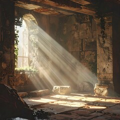 Sunlit stone ruins filled with debris