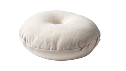 Round beige corduroy cushion with button tufting adding comfort and decorative element to home interiors, transparent background