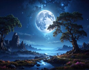 Full moon over misty fantasy landscape