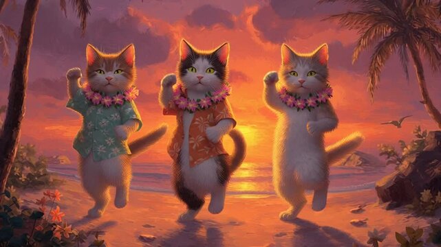 Three adorable anthropomorphic cats in Hawaiian shirts and leis dance on a tropical beach at a vibrant sunset.