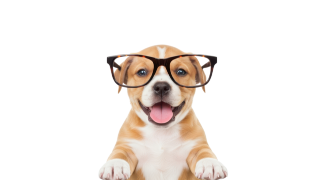 Happy puppy wearing glasses isolated PNG with Transparent Background