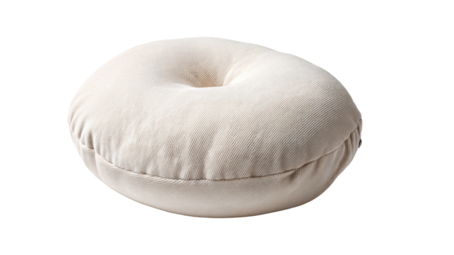 Round beige corduroy cushion with button tufting adding comfort and decorative element to home interiors, transparent background
