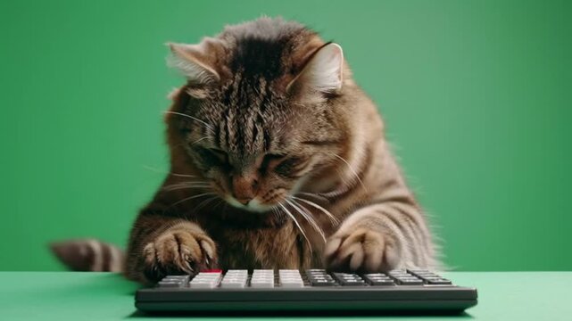 A fluffy tabby cat with brown stripes intently presses its paws onto a calculator on a green surface.