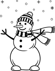 Snowman Wearing Scarf and Hat Under Falling Snow &ndash; Black and White Christmas Silhouette Vector Art