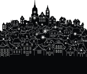 Town Skyline Decorated with Christmas Lights and Stars &ndash; Black and White Winter Silhouette Vector Art
