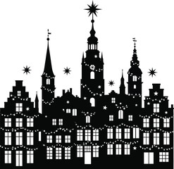 Town Skyline Decorated with Christmas Lights and Stars &ndash; Black and White Winter Silhouette Vector Art