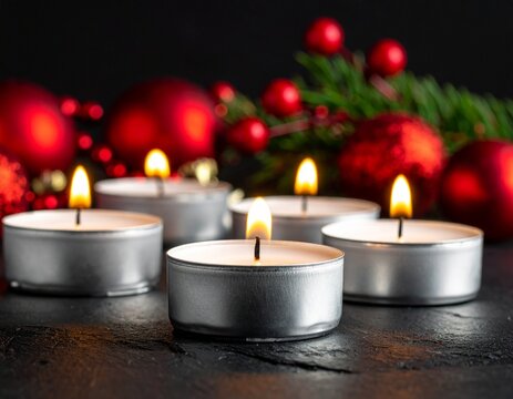 Lit Candles: A collection of lit candles cast a warm, inviting glow, their flames dancing in the dimly lit space. The scene evokes feelings of peace, reflection, and quiet contemplation.