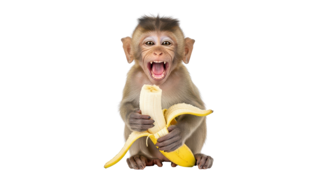 Smiling monkey holding a peeled banana isolated PNG with Transparent Background