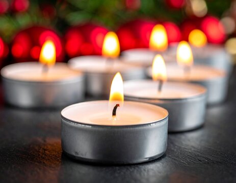 Glowing Candles: Warm, inviting candle flames dance atop neatly arranged tealight candles, casting a soft, romantic glow. Each flame provides comfort and light. - Powered by Adobe