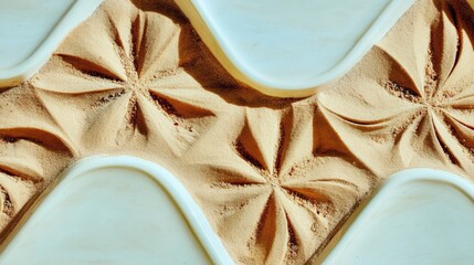 Close-up of an abstract floral pattern with carved details, featuring a light and shadow play.