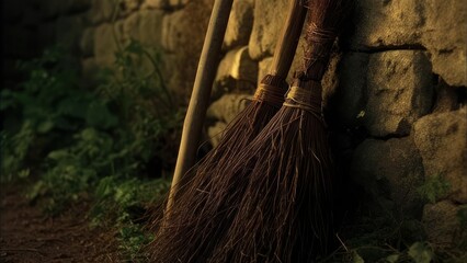 Two old brooms leaning against a stone wall