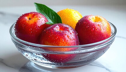 Wet fruits in glass bowl on white marble