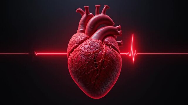 Red Heart Animation with ECG Lines Pulsating in the Dark. 4k video