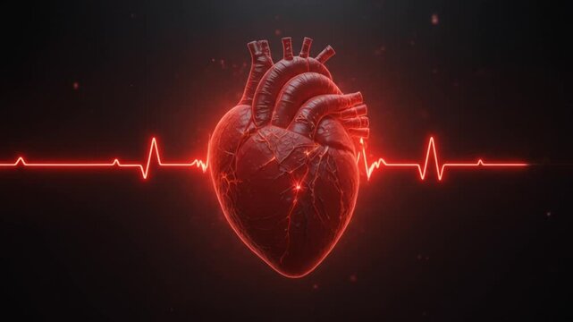 Red Heart Animation with ECG Lines Pulsating in the Dark. 4k video
