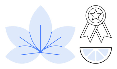 Wellness, achievement, nature, health, self-care, recognition. Abstract lotus flower, outlined award ribbon and geometric lemon slice. Wellness and achievement concepts