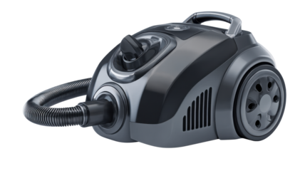 Modern canister vacuum cleaner providing efficient household cleaning and hygiene, isolated on transparent background
