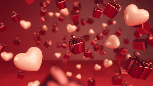 Romantic red background with numerous floating white hearts and small red gift boxes, symbolizing love, celebration, and surprise for valentines day or an anniversary event