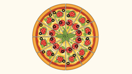 Delicious Round Pizza Slice Design with Fresh Toppings and Basil Center