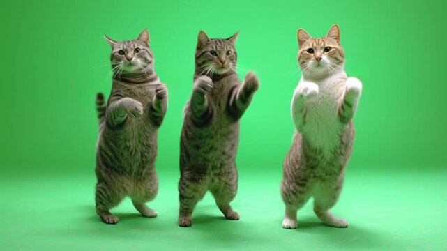 Three adorable domestic cats standing on their hind legs and dancing together in front of a green screen.