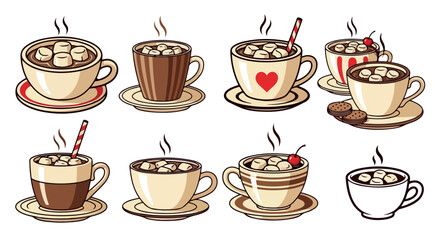 Hot cocoa cups with marshmallows and toppings