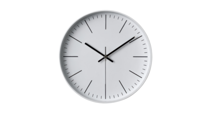 Minimalist white analog wall clock showing time, concept of punctuality, planning, and deadlines with transparent background