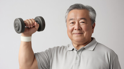 男性が白背景でダンベルを持ち穏やかに微笑むスタジオ写真